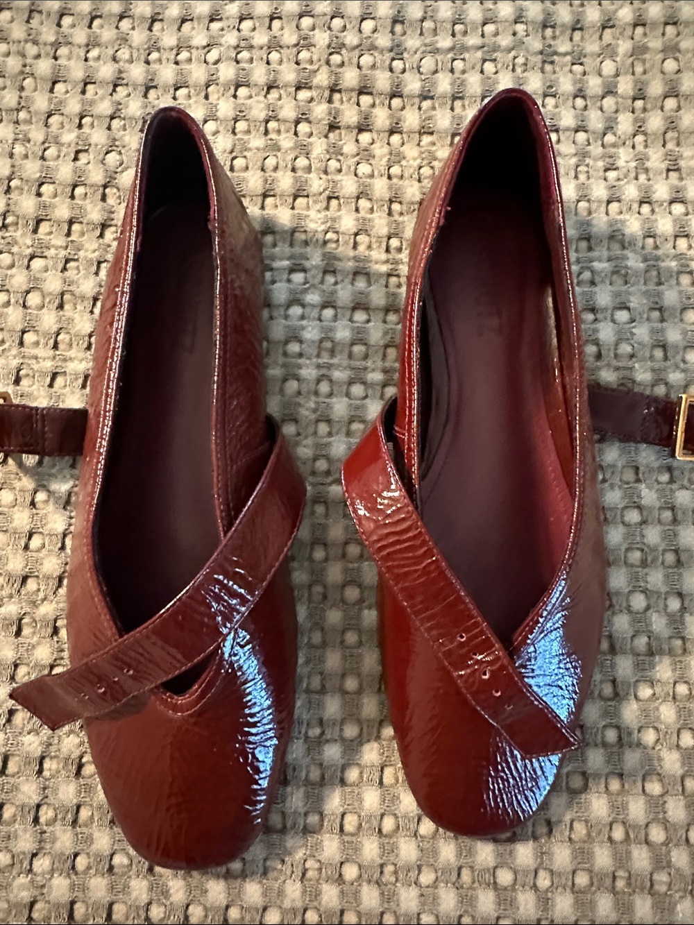 SCHUTZ Burgundy Leather Mary Jane Flats with Gold Buckle - Picture 7 of 9